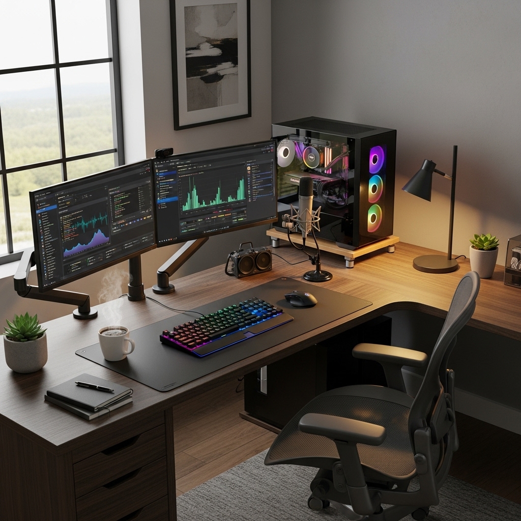 L-shaped desk near window for tiny workspace