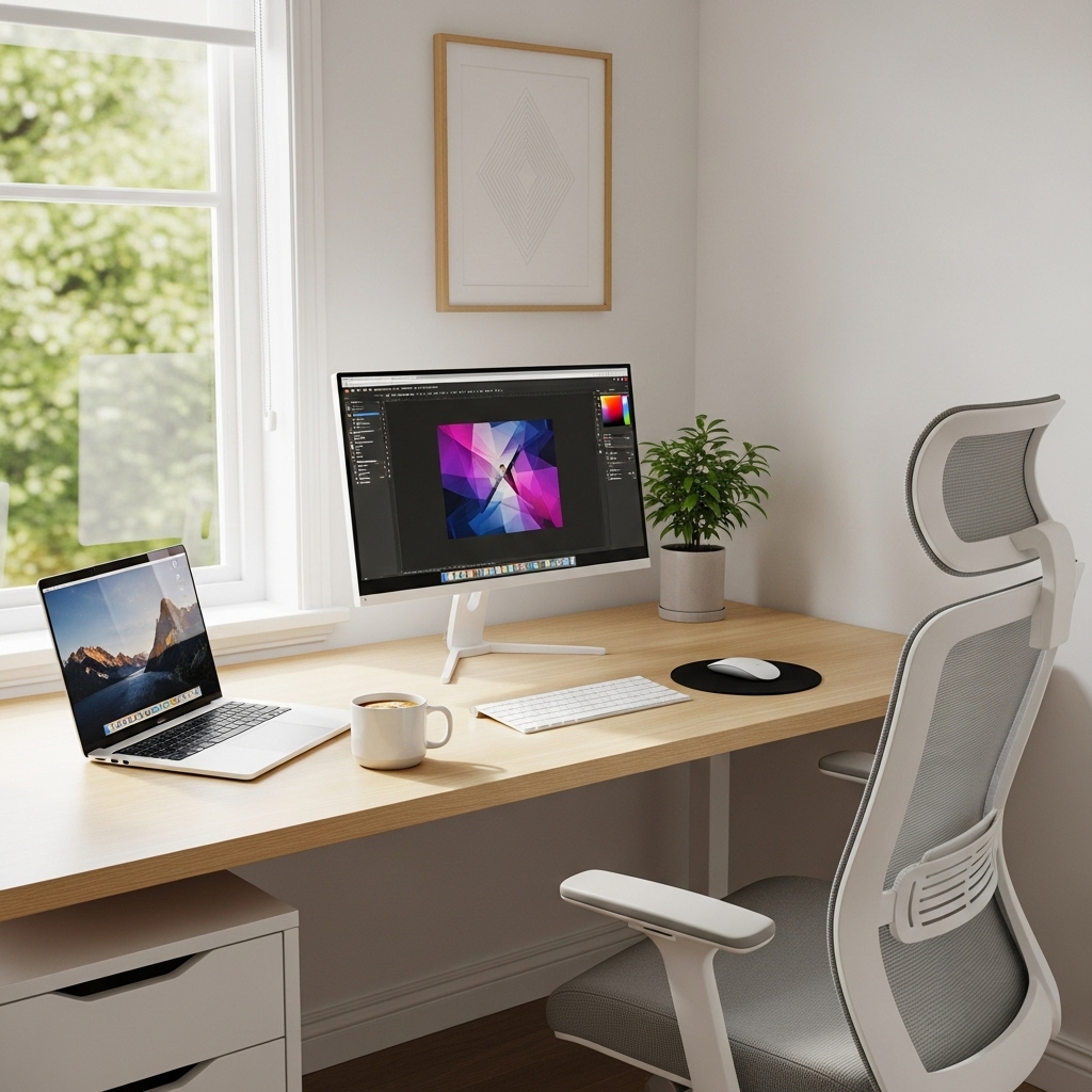 Desk with natural light and LED accent lighting