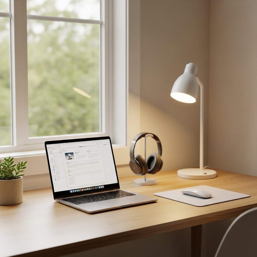 Focused workspace with noise-cancelling headphones