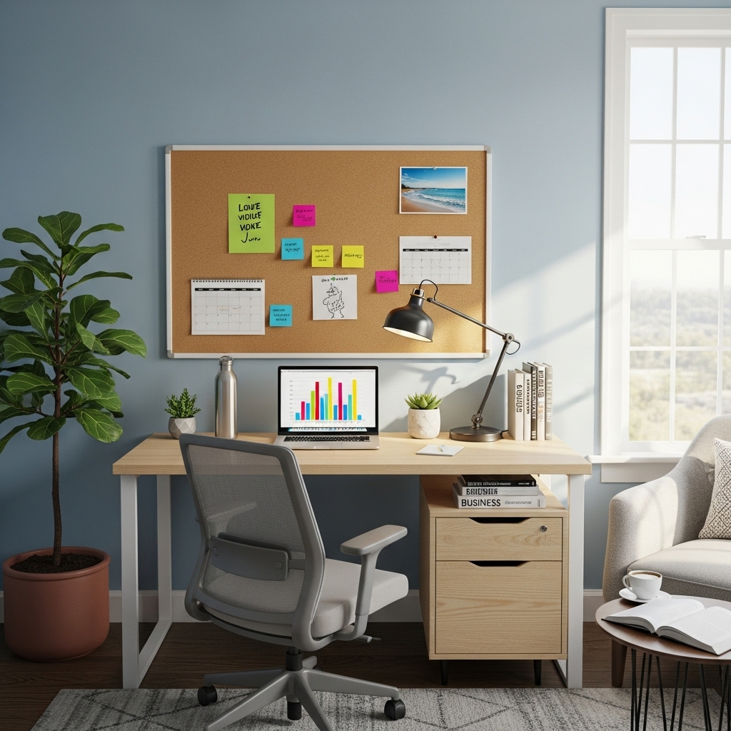 Vision board and motivational notes in small office